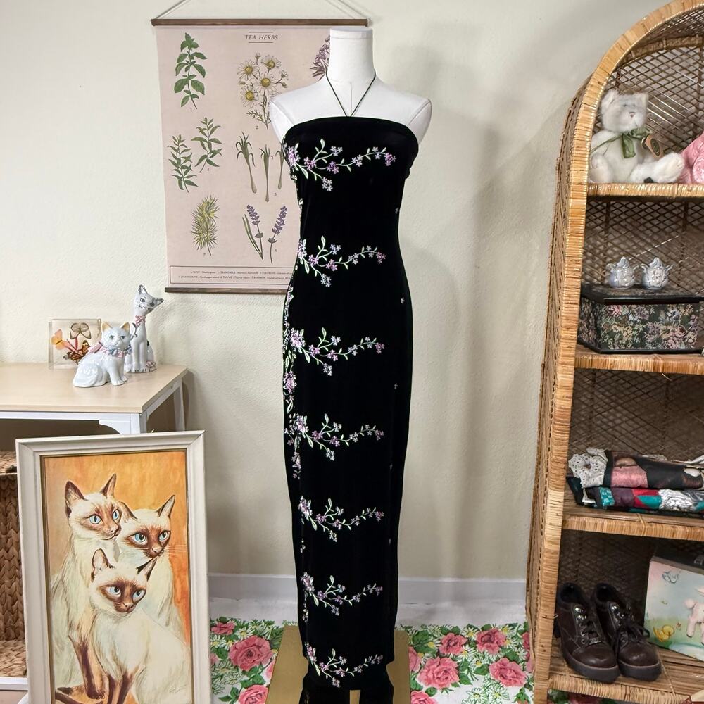 90s Y2k Floral Embroidered Velvet Formal Dress Romantic Goth Dark Fairy Sexy S